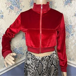 Now Rain Red Velvet Velour Cropped Zip Up Track Jacket w/pockets!, Size S
